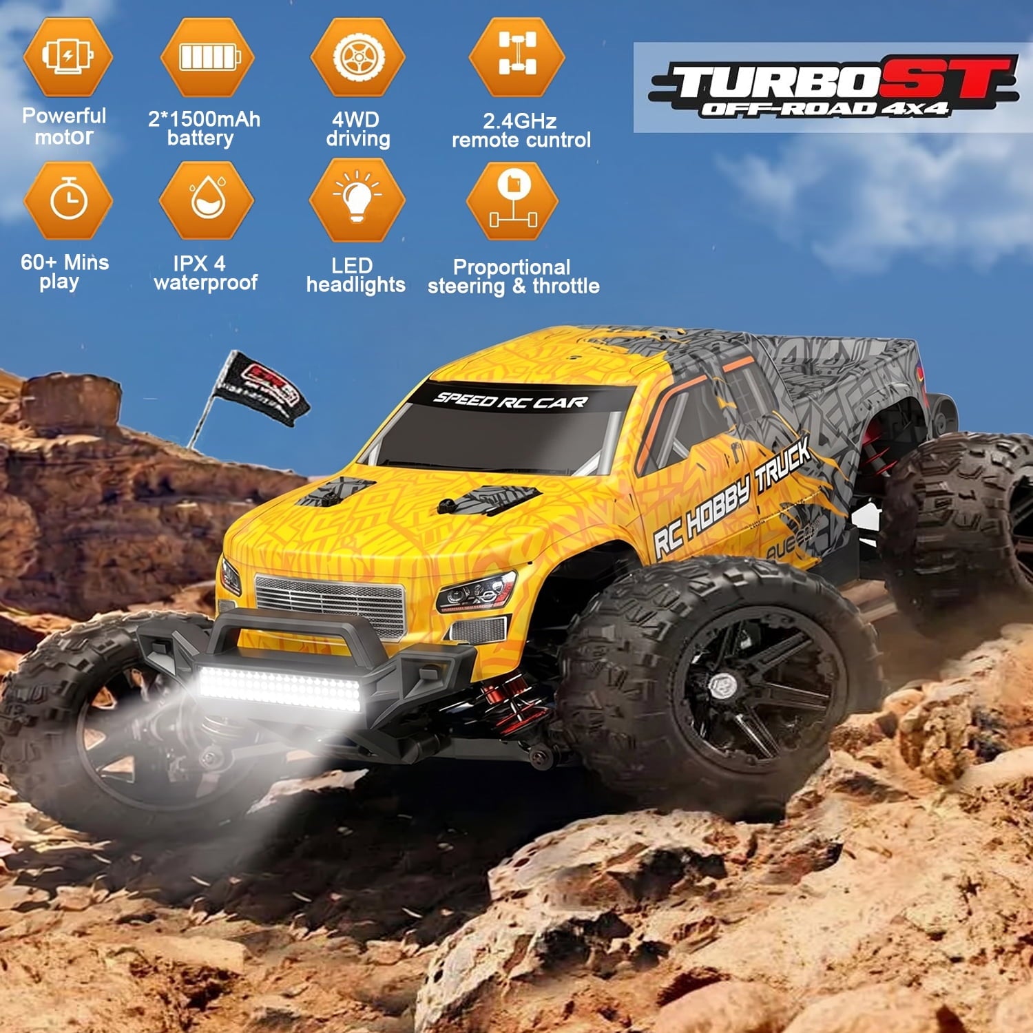 AUOSHI RC Cars 1:16 High Speed Remote Control Truck, 4WD All Terrain Off Road RC Truck 35+MPH with LED Lights, 2 Batteries for Kids and Adults Toy Gifts