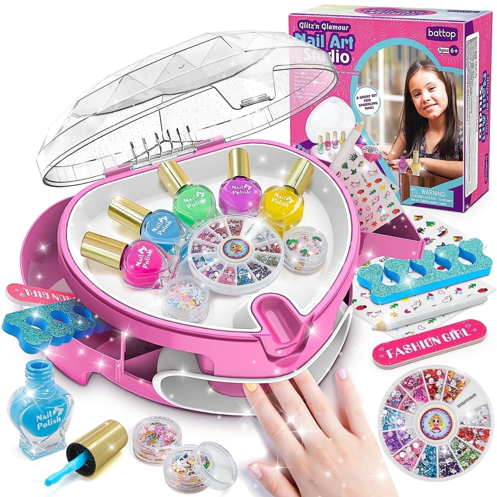 BATTOP Kids Nail Polish Kit for Girls Ages 6-12, Nail Art Set with Nail Dryer, Peel-Off Polish & Organizer